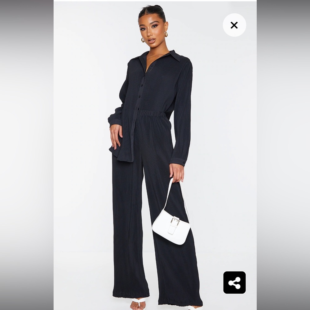 PRETTY LITTLE THINGS Black Plisse High Waisted Wide Leg Trousers- NWT